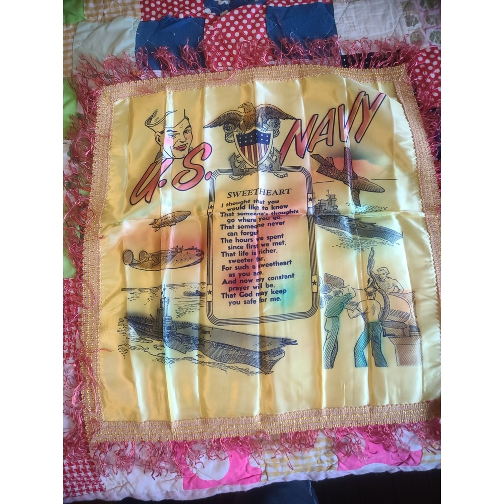 Vintage WWII US Navy Sweetheart Souvenir Pillow Cover Fringed Satin Poem Sham